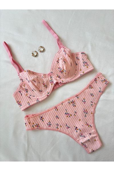 İNKO İÇ GİYİM Floral Pattern Underwire Cotton Camisole Bra Set (Bra Tanga)