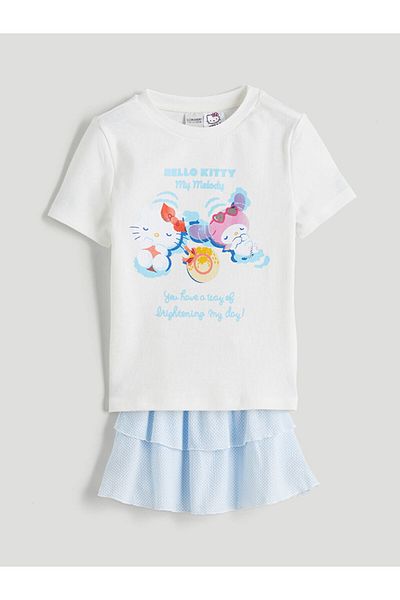 LC Waikiki Ecru Crew Neck Hello Kitty Printed Girl's T-Shirt and Skirt