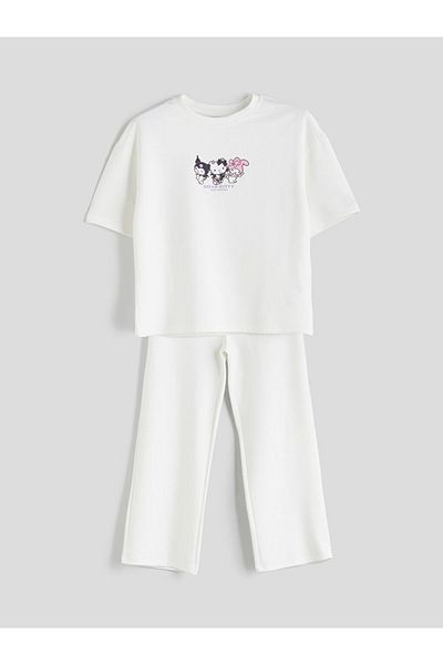 LC Waikiki Ecru Crew Neck Hello Kitty Printed Girl's T-Shirt and Trousers