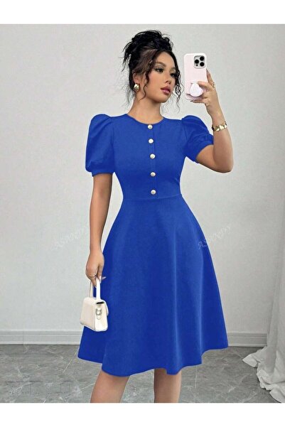 Masspera Bisiklet Yaka Balon Kısa Kollu Düğme Detay Tasarım Mini Kloş Elbise