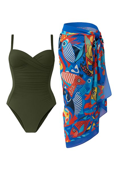 CUPSEA Women's Gathering Draped Khaki Blue Fish Pattern Does Not Show Underwear Pareo Set of 2 Stylish and Slimming Effect