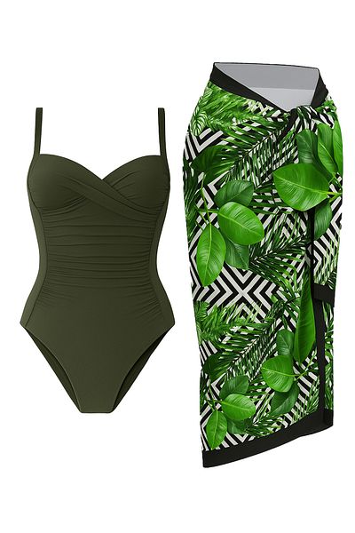 CUPSEA Women's Gathering Draped Khaki Green Leaf Underwear Pareo Set of 2 Stylish and Slimming Effect