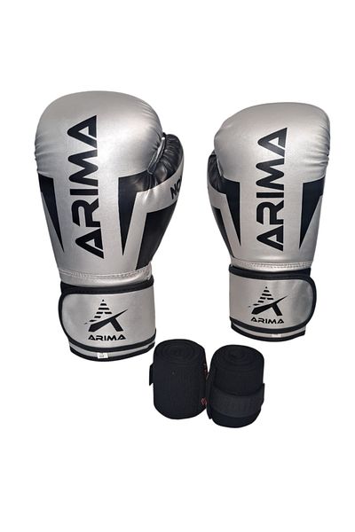 ARIMA Nova-4 Boxing-Kickboxing-Muaythai Gloves Silver + Bandage Set (8Oz-10Oz-12Oz)