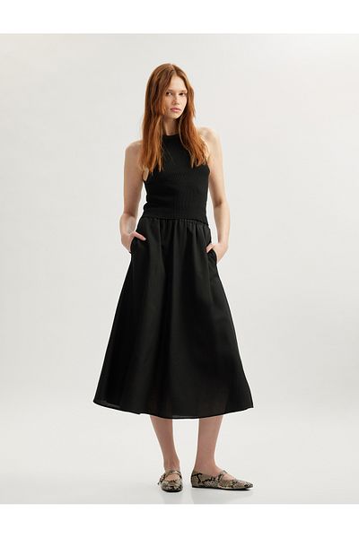 Koton New Season Comfortable Fit Viscose-Linen Blended Long Flared Skirt with Pockets