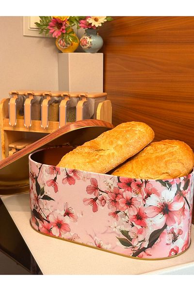 Makri Bread Box, Metal Bread Box, Cherry Blossom Patterned Pink Bread Basket, 34 X 19 X 16 cm