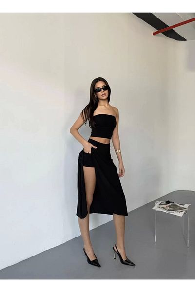 ruum fashions Slit Skirt with Pockets and Shorts - Black