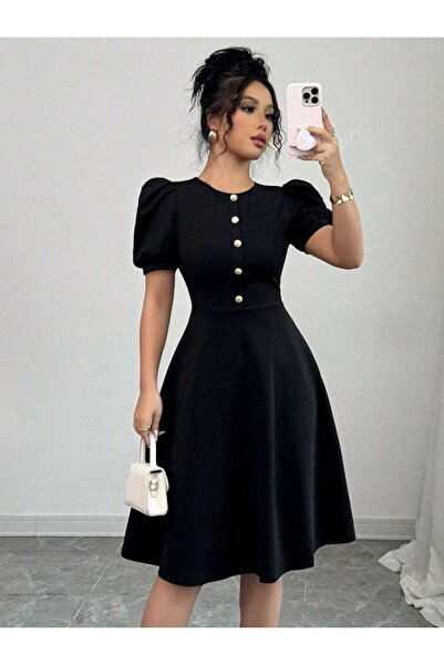 Masspera Bisiklet Yaka Balon Kısa Kollu Düğme Detay Tasarım Mini Kloş Elbise