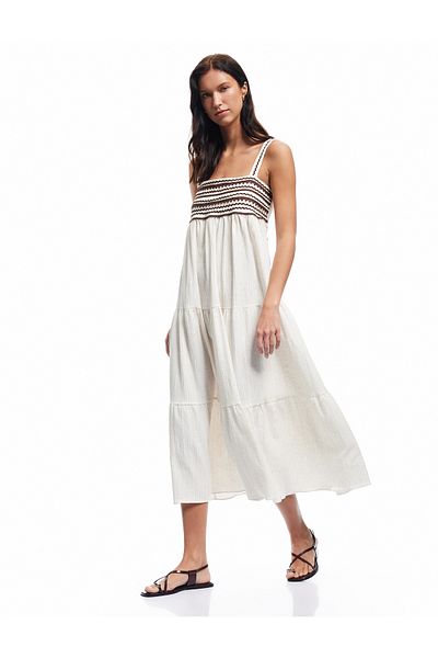 Koton New Season Viscose Linen Blended Sleeveless Layered Square Collar Long Strap Muslin Dress