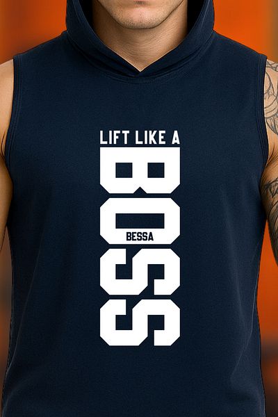 BESSA Men's Like Lift Printed Navy Blue Oversize Crew Neck Cotton Hooded Sleeveless Sports Tank Top/Tshirt