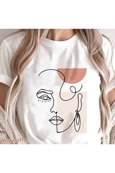MAGORS تيشيرت نسائي من القطن مطبوع عليه خط الوجه وياقة دائرية وقصة عادية وأكم...