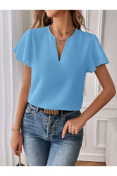 KAZAK Women's Short Sleeve Butterfly Sleeve V Neck Sandy Blouse