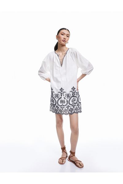 Koton New Season Cotton Lined Ethnic Pattern Long Balloon Sleeve Above Knee Dress