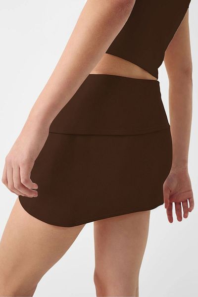 SUHIS Brown, Folded Waisted, Hidden Elastic Waist, Tight Mini Skirt