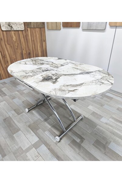 SEHPAM AKILLI Ortadan Açılır Akıllı Yemek Masası Oval Mdf Tabla Alt Mekanizma Metal Krom Kaplama