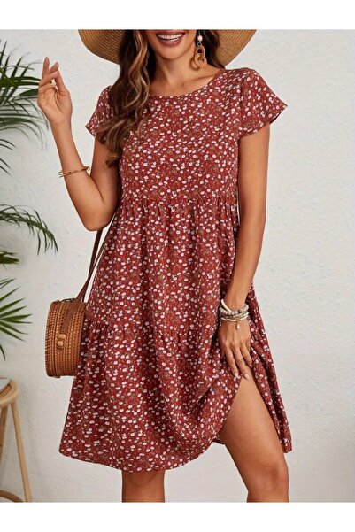 ALPACO فستان نسائي بأكمام قصيرة وياقة دائرية ونقشة زهور - مجموعة