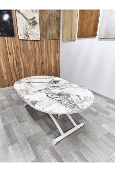 SEHPAM AKILLI Ortadan Açılır Akıllı Yemek Masası Oval Mdf Tabla Alt Mekanizma Metal Beyaz Renk