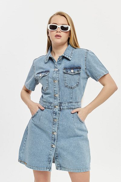 Vovikon Kn Front Back Collet Short Sleeve Denim Women's Jeans Dress