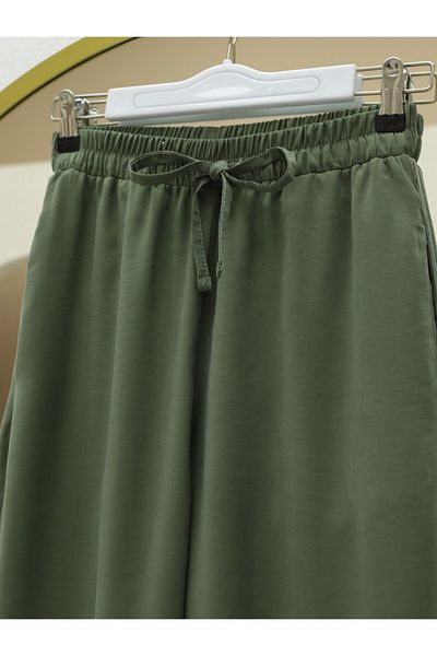 Modamorfo Loose Trousers with Elastic Waist and Lace-Up Wide Legs - Khaki