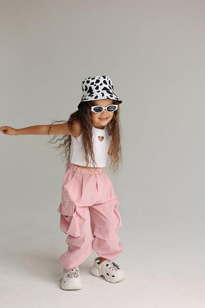 Magu Girl's Cotton Pink Cargo Pants Suit with Pockets - Heart Detailed Crop Tank Top