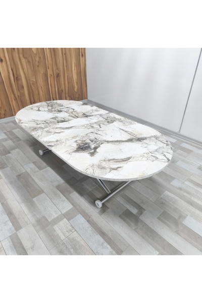 SEHPAM AKILLI Ortadan Açılır Akıllı Yemek Masası Oval Mdf Tabla Alt Mekanizma Metal Krom Kaplama