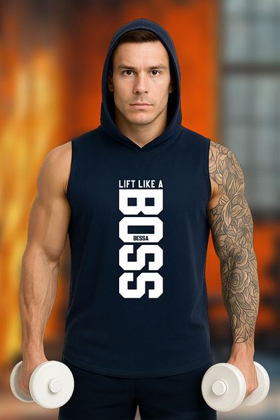 BESSA Men's Like Lift Printed Navy Blue Oversize Crew Neck Cotton Hooded Sleeveless Sports Tank Top/Tshirt