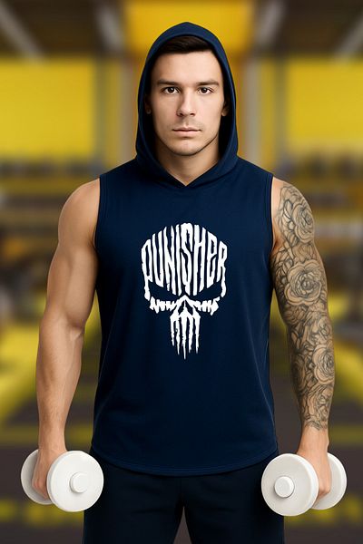 BESSA Men's Punisher Printed Navy Blue Oversize Crew Neck Cotton Hooded Sleeveless Sports Tank Top/Tshirt