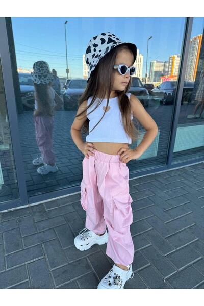 Magu Girl's Cotton Pink Cargo Pants Suit with Pockets - Heart Detailed Crop Tank Top