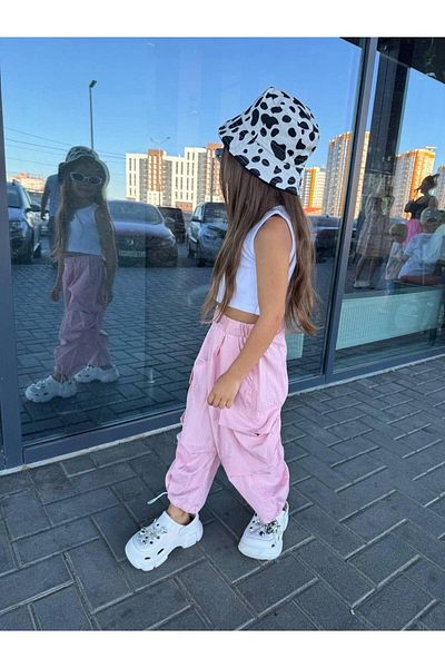 Magu Girl's Cotton Pink Cargo Pants Suit with Pockets - Heart Detailed Crop Tank Top