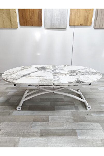 SEHPAM AKILLI Ortadan Açılır Akıllı Yemek Masası Oval Mdf Tabla Alt Mekanizma Metal Beyaz Renk