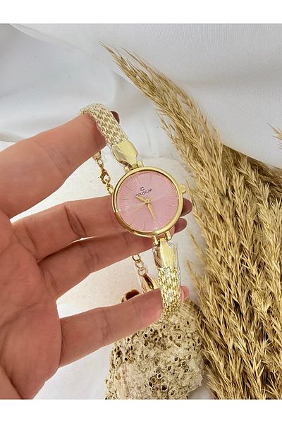 TD TRENDDURAGI Round Chain Cord Vintage Gold Inside Pink Women Wrist Watch