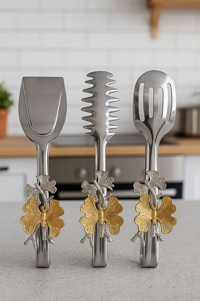 FİTHOME 3-Piece Serving Tongs Set Stainless Steel with Butterfly Accessory