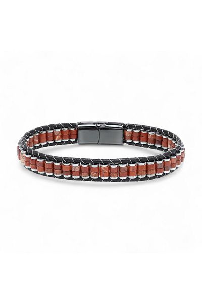 AKSESUARIM Red Jasper & Hematite Steel Braided Leather Bracelet