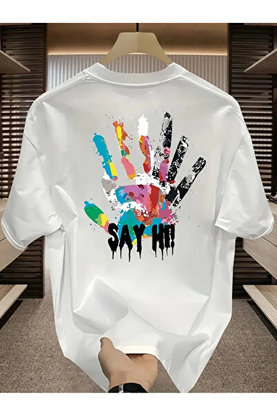 AEMİ Unisex Say Hi Printed Oversize Crew Neck T-shirt