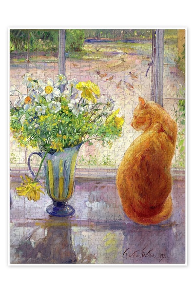 Jeronkarji Pencerede çiçekli kedi 500 Parça Puzzle Yapboz Mutfak Temalı Yetiş...