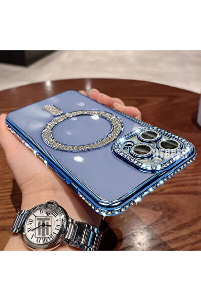EDELFU İPhone 14 PRO MAX Yanları Taşlı Kamerası Korumalı ve Simli Magsafeli K...