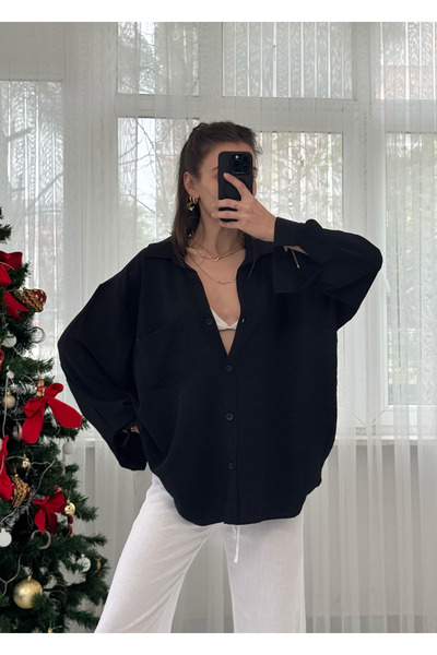 LUVESSE Siyah İthal Ayrobin Tek Cepli Oversize Gömlek
