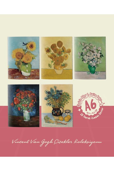 POSTERİFY Vincent Van Gogh Flowers Collection - A6 Staple Stitched 5 Pieces Art Themed Notebook - 10.5X14.5 cm