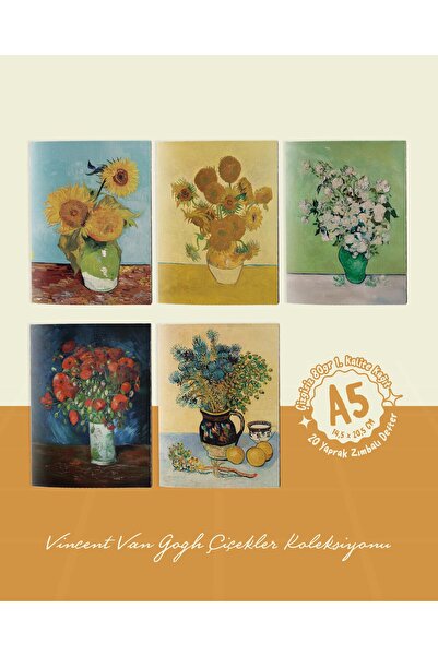 POSTERİFY Vincent Van Gogh Flowers Collection - A5 Staple Stitched 5 Pieces Art Themed Notebook - 14.5X20.5 cm