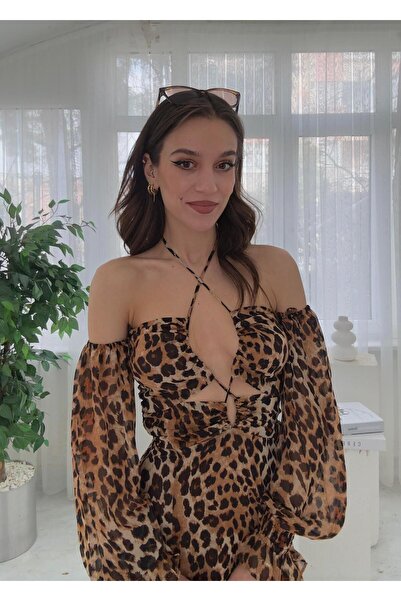 LUVESSE Flora Bağlama Detaylı Uzun Yırtmaçlı Leopar Desenli Elbise