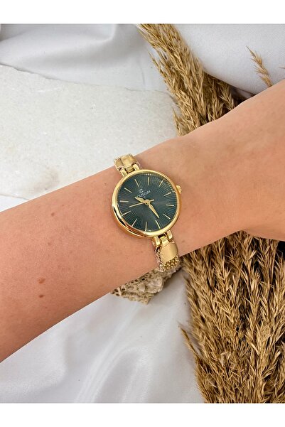 TD TRENDDURAGI ساعة يد نسائية بسلسلة دائرية ذهبية عتيقة باللون الأخضر من الداخل