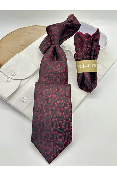 Gutiero Claret Red Patterned Classic Tie with Handkerchief