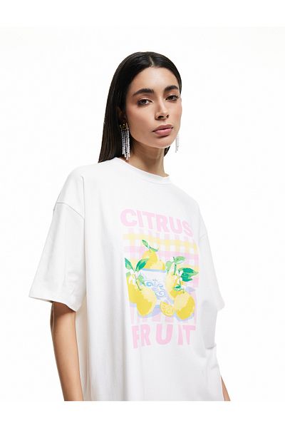 Koton New Season Koton X Sibil Çetinkaya - Cotton Short Sleeve Crew Neck Lemon Printed