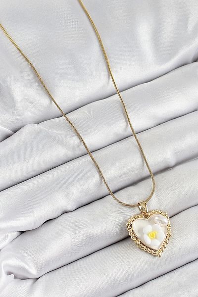 Clariss 316L Steel Chain White Artistic Portrait Pearl Detailed Daisy Figured Heart Model Gold Color Women's Necklace