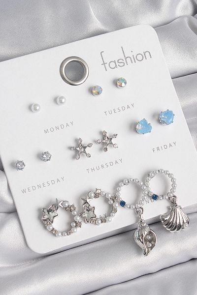 Clariss Brass Silver Color Inclined Zircon Stone Ring Figure Star Detail 7 Pairs Women's Earring Set