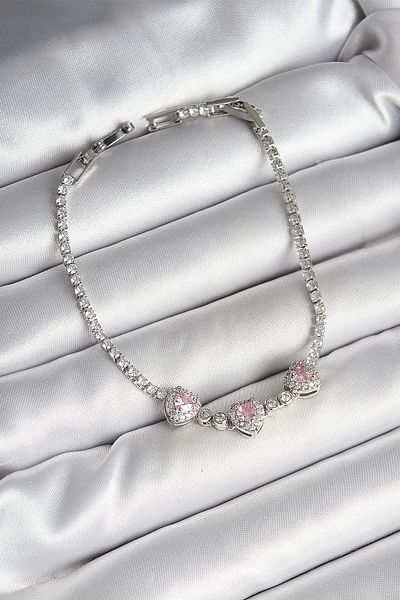 Clariss Brass Row Pink Heart Figured Zircon Stone Silver Color Women's Bracelet
