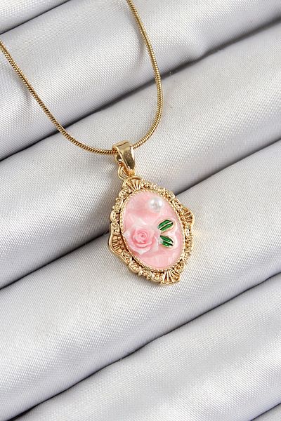 Clariss 316L Steel Chain Pink Artistic Portrait Pearl Detailed Rose Figured Model Gold Color Women's Necklace