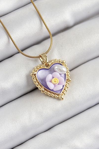 Clariss 316L Steel Chain Purple Artistic Portrait Pearl Detailed Daisy Figured Heart Model Gold Color Women's Necklace
