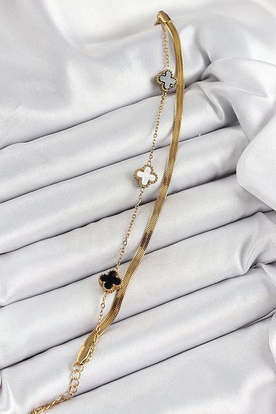 Clariss 316L Steel Gold Color Black and White Clover Italian Chain 2-Piece Women's Bracelet