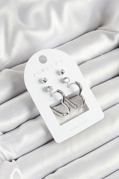 Clariss Silver Color 3-Piece Double Women's Earring Set with Brass Zircon Stone and Heart Figure