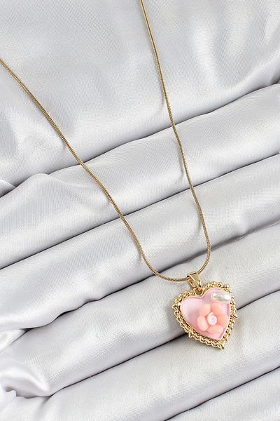 Clariss 316L Steel Chain Pink Artistic Portrait Pearl Detailed Daisy Figured Heart Model Gold Color Women's Necklace